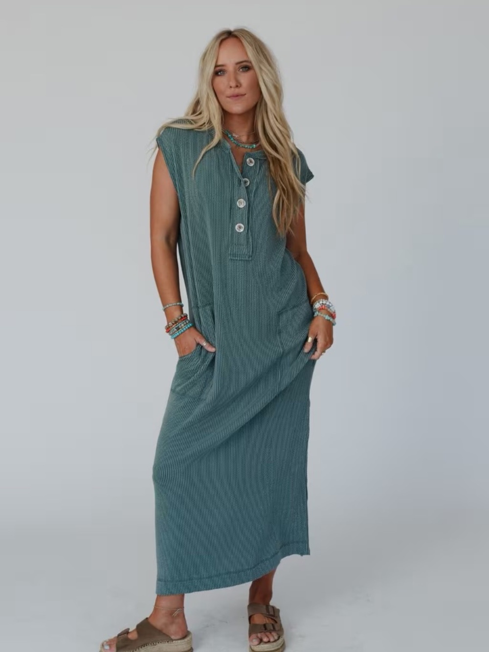 Three Bird Nest Teal Button-Front Ribbed Maxi Dress